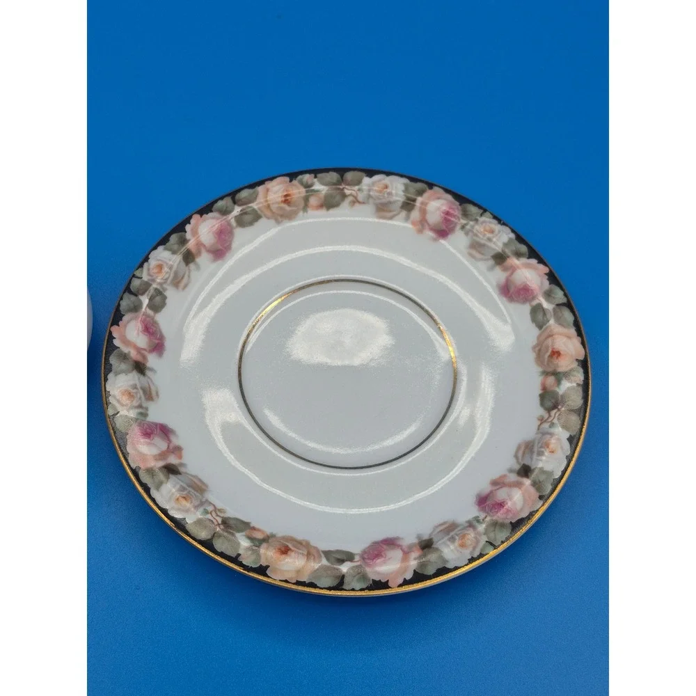 Vintage Bavaria Rose Floral Tea Cup and Saucer Set Navy Blue Gold Trim Porcelain